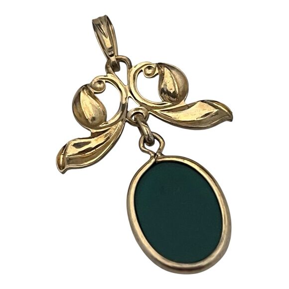 Vintage 1950s Art Nouveau Revival Pendant Green Cabochon Gold Filled - 7S - Picture 3 of 5